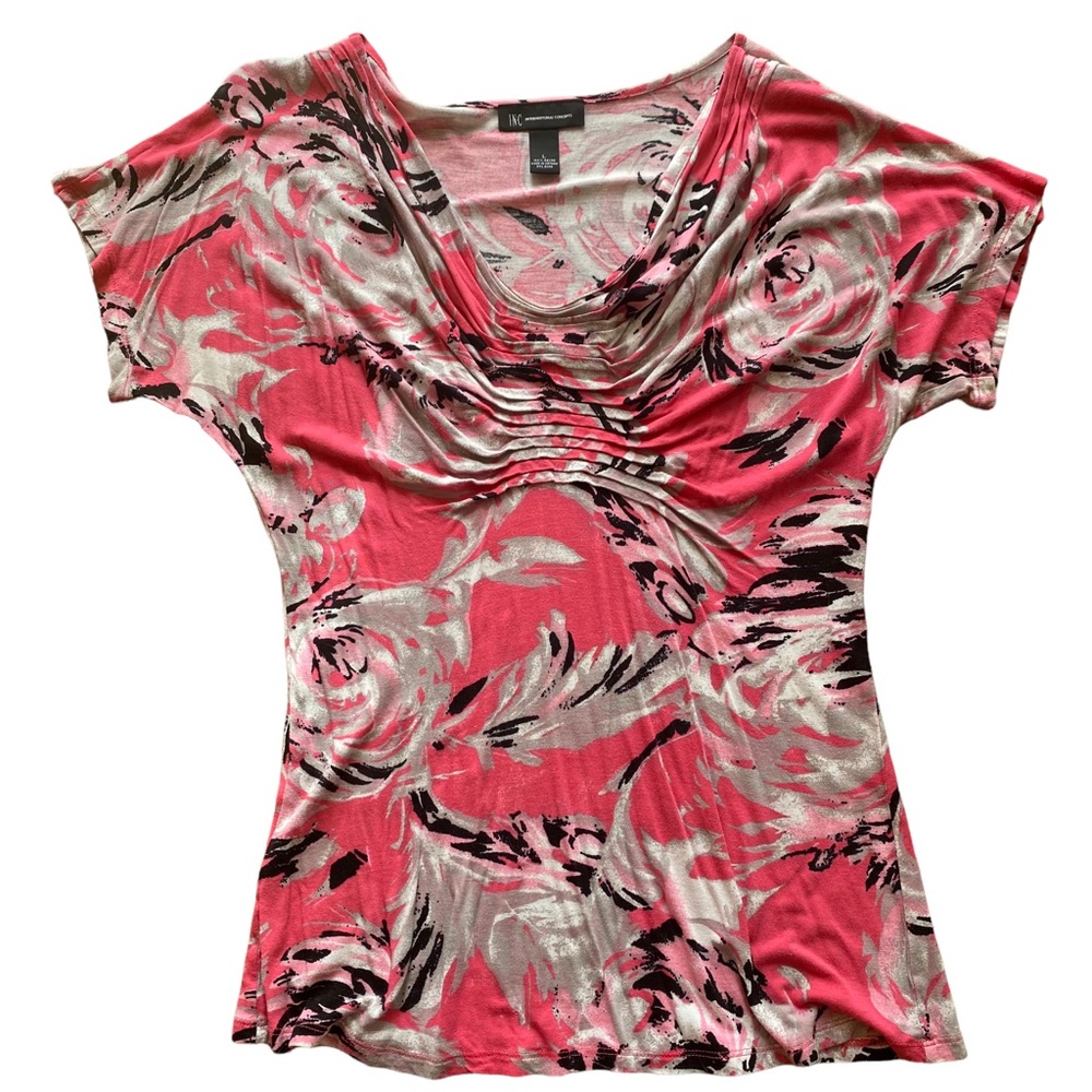 INC International Concepts Women’s Short Sleeve Top Size M Pink/White/Gray/Black